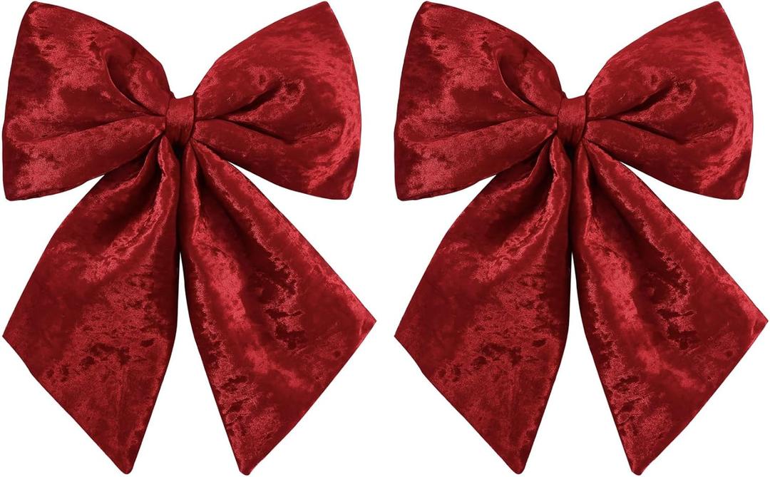 Large Plush Velvet Bows Set of 2 16-Inch Christmas Bow Tree Topper for Christmas Tree Decoration Door Window Decor (Burgundy)