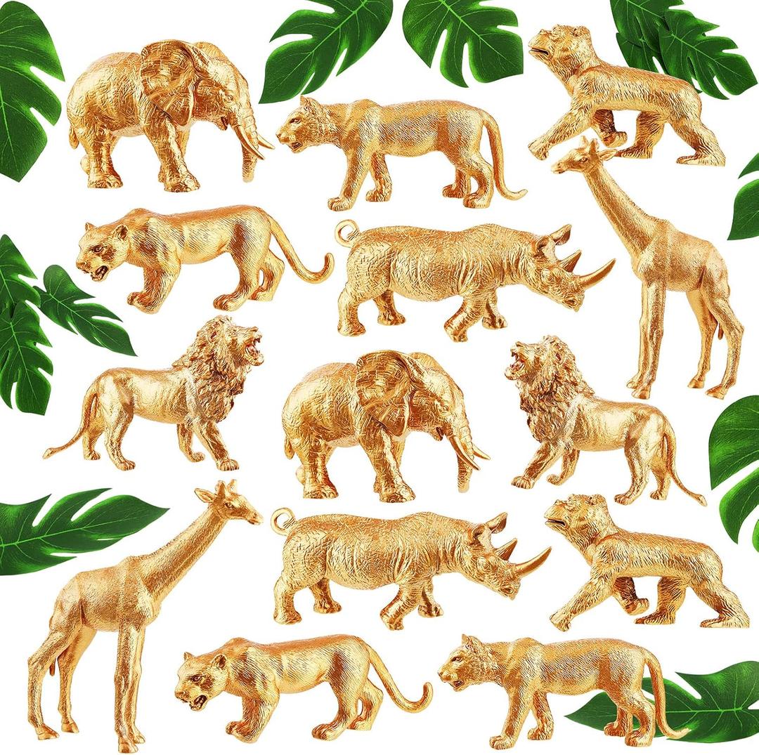 Soaoo 26 Pieces Gold Animals Figures Set 14 Pcs Plastic Safari Figures 12 Pcs Faux Tropical Palm Leaves Birthday Cake Topper(Safari Animal)
