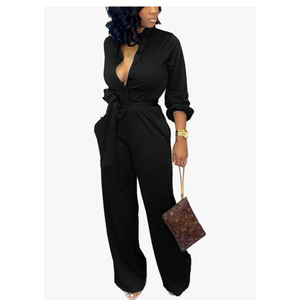 SxClub Black Jumpsuits for Women Dressy Sexy Elegant Long Sleeve Long Straight Pants Rompers Busineess with Pockets Button (Large)