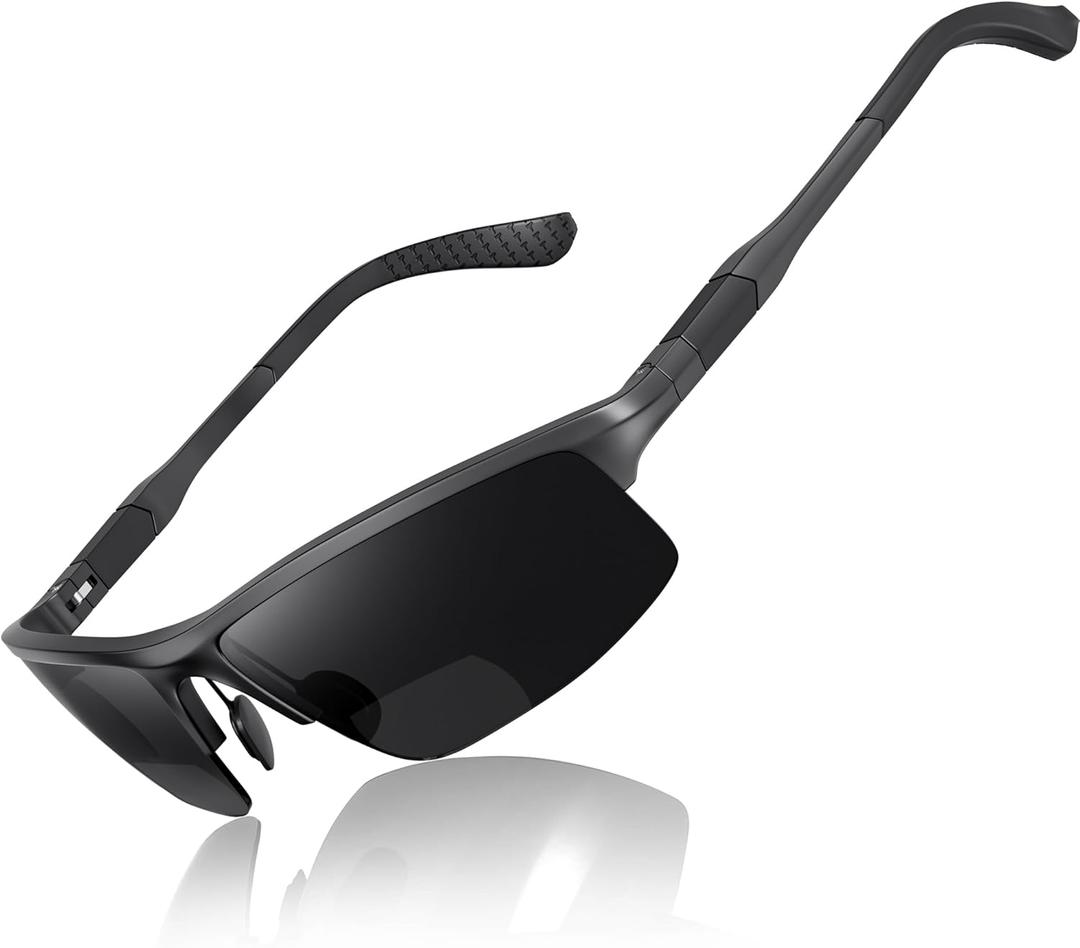 SKYOAK Sports Bifocal Reading Sunglasses Men Wrap Around UV 400 Protection Aluminum Frame Glasses Spring Hinge Semi Rimless Sun Readers Built In Driving/Running/Fishing Gunmetal, 3.0