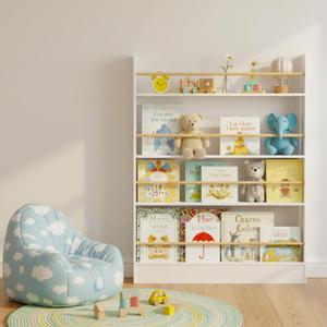 Kids Bookshelf Wall Mounted, Behind the Door Shelf Wooden Narrow 4 Tier Behind Door Storage Bookcase for Books & Toys, Space-Saving for Kid's Room, Nursery, Playroom & Bedroom White