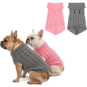 2 Pack Dog Sweaters for Small Dogs, Soft Knitted Puppy Sweater Pet Warm Clothes in Winter Cold Weather Pullover Design Small Dog Sweater for Boy Girl Dogs Cats (Grey, Pink)