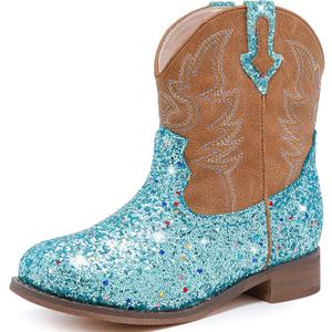 Toddler Girls Cowgirl Boots Glitter Toddler Cowboy Boot Ankle Girls Boots Little Kids Horse Riding Shoes Party Birthday (Blue Sequins)