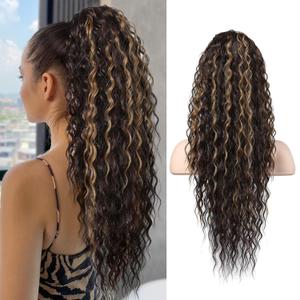 SEIKEA Ponytail Extension, PT005 Isabella 26" Long Bohemian Curly Highlight Drawstring Ponytail Multi Layered Light Fluffy Clip in Hair Extensions Ponytail Chocolate Brown Caramel Blonde Highlights