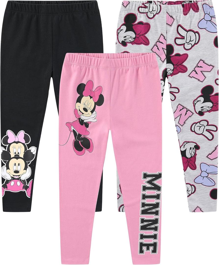 Disney Lilo & Stitch, Minnie Mouse, Frozen Princess Girls 3 Pack Legging Pants Set for Little Kids to Big Kids (10, Minnie Mouse - Black/Grey/Pink)