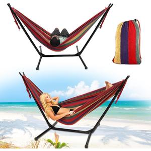 Hammock with Stand for Outside,Stable Space Saving Metal Stand 2 Person 600lbs Weight Capacity Hammock with Carrying Bag for Indoor & Outdoor(Red)