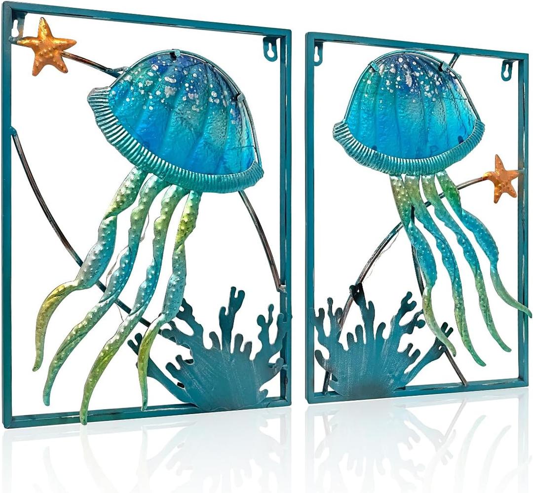 LIFFY Metal Jellyfish Wall Decor with Frame-Outdoor Wall Art,Jellyfish Wall Decor with LED Fairy Light,Glass Art Wall Sculpture, Wall Decor for Pool,Beach Wall Hanging, Home Gifts(2pcs, Blue)