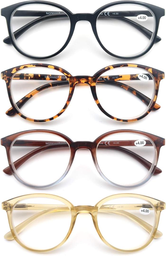 MODFANS Women Reading Glasses  Large Round Frame Readers Spring Hinges with 4 Pouch, 4 Pack Mix Color, 1.75x