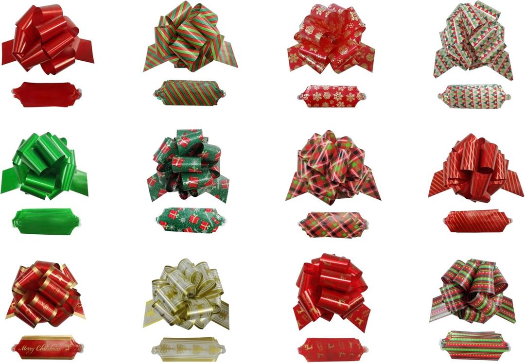 GYDbow 12pcs 4.5 Inch Christmas Pull Bows  Stylish Satin Ribbon Bows in Gold, Red & Green  Perfect for Gift Wrapping, Present Decor & Holiday Baskets