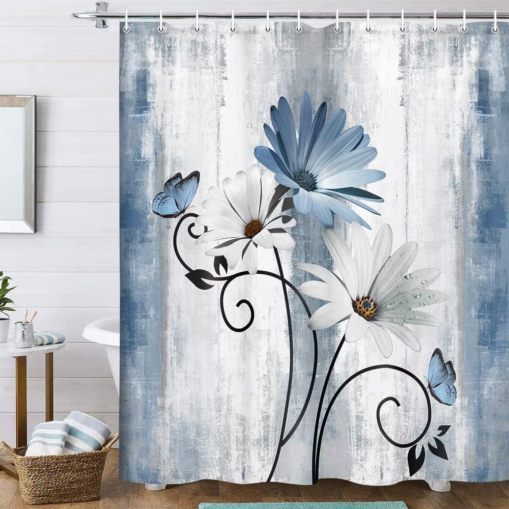 Rustic Farmhouse Shower Curtain, Farm Blue Daisy Floral Flowers and Butterfly on Country Wooden Shower Curtain for Bathroom with 12PCS Hooks, 70X70IN, Turquoise Blue
