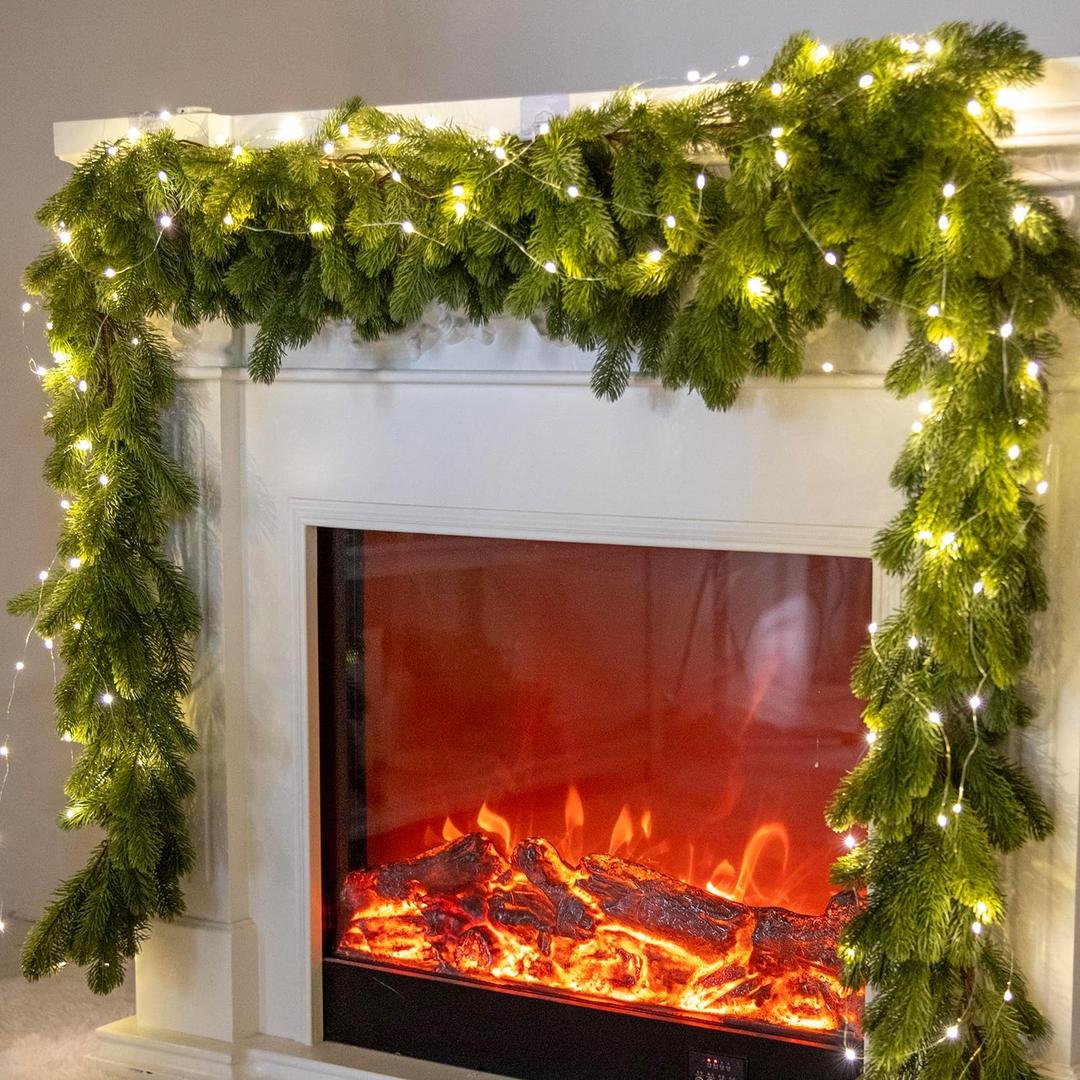 6FT Christmas Garland PARTY JOY Pine Garland with 9.8FT LED String Lights, Greenery Plant for Christmas Decorations Table Mantle Background Wall Room Outdoor Indoor Winter Decoration