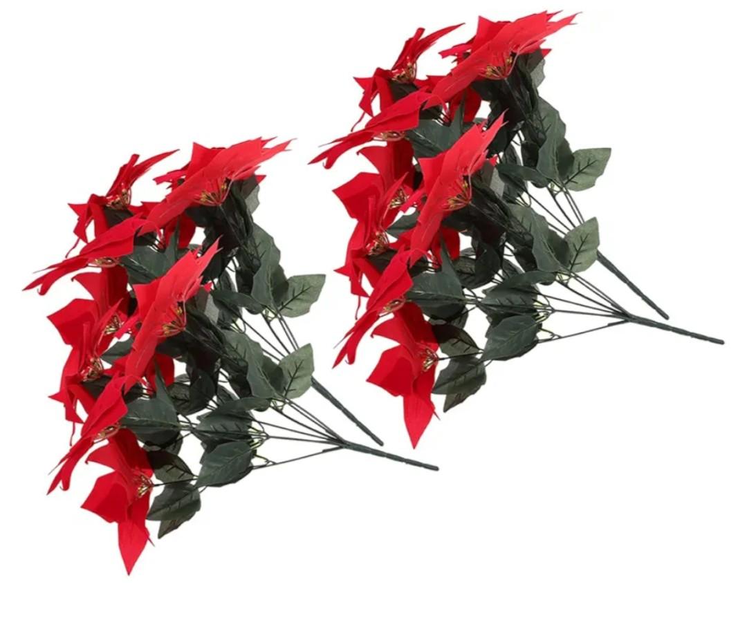 4pcs Realistic Artificial Poinsettia Flowers Faux Red Poinsettia with 7 Heads 21 Leaves