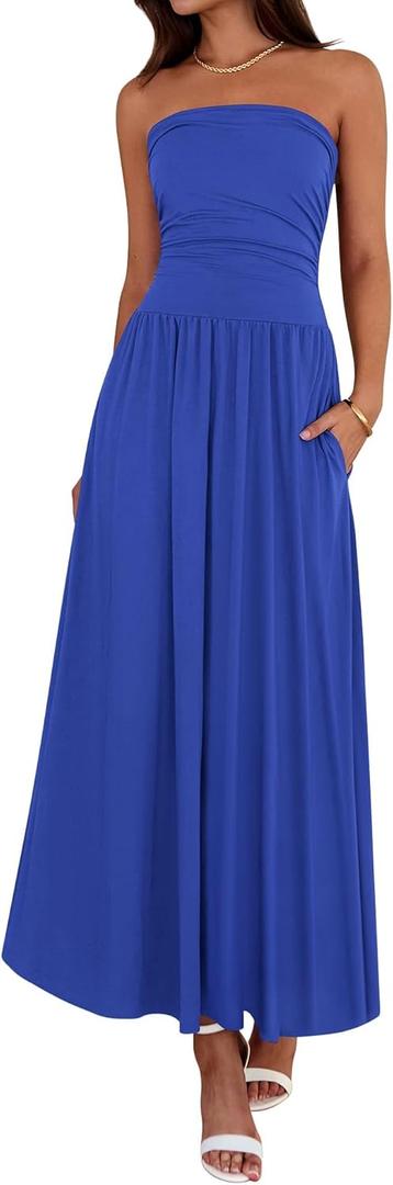 BTFBM Summer Maxi Dresses for Women 2025 Strapless Ruched Tube Top Flowy Beach Vacation Wedding Guest Dress Pockets (Medium, Royal Blue)