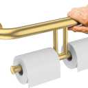 Brushed Gold Grab Bar w/Double Toilet Paper Holder, iHansee Stainless Steel Safety Grab Bar for Bathroom Toilet, Wall Mounted Shower Support Bar for Elderly, Handicap Toilet Tissue Holder (17 inch)
