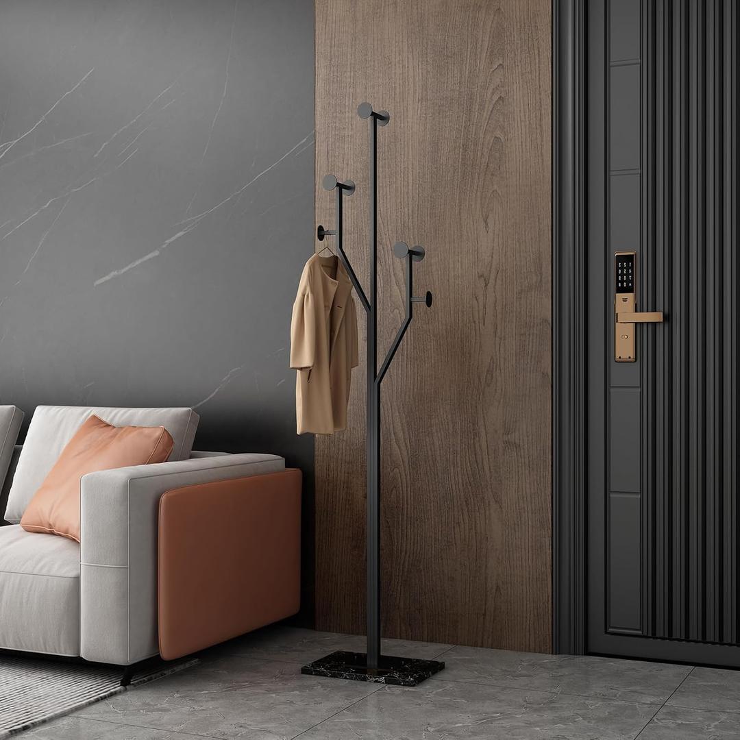  Freestanding Coat Rack Tree-shaped Metal Coat Tree with Heavy Duty Marble Base Corner Clothing Rack for Bedroom Entryway Hallway 14.96 x 10.24 x 68.9 Inches (Black)