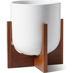 LE TAUCI 10 Inch Plant Pot with Acacia Wood Stand, Ceramic Planters for Indoor Plants, Unique Plant Pots Indoor for Home Decor, Mid-Century Modern Pots for Plants with Drainage Hole and Plug, White