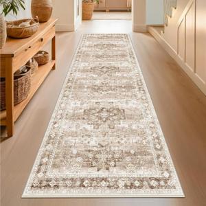Beige Washable 2'6"x8' Wide Hallway Runners, Kitchen Runner Rug, Non-Slip & Stain Resistant Long Floor Rug, Neutral Boho Floral Decor (2'6"x8' Beige/Latte)