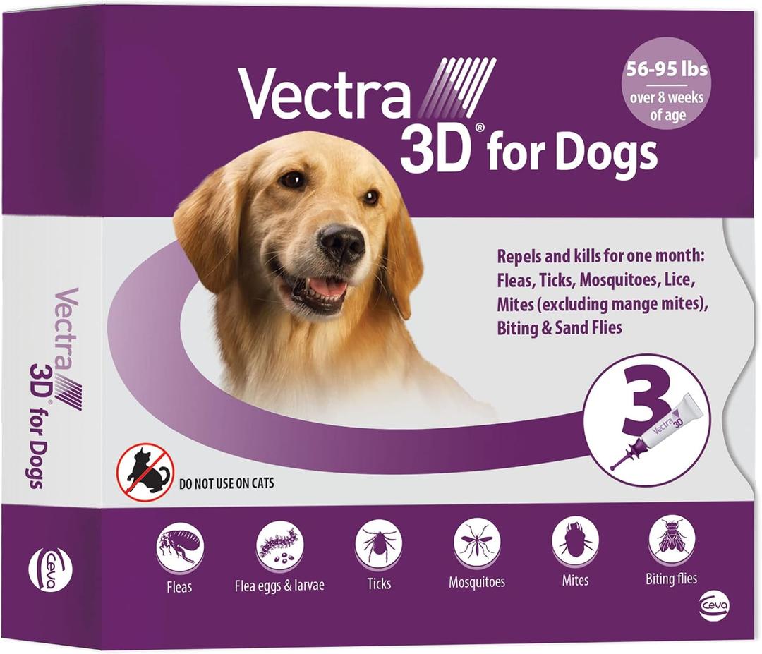 Vectra 3D Flea and Tick Prevention for Dogs, Kills and Repels Fleas, Ticks & Mosquitoes | FastActing, Waterproof, No Prescription Needed | Large Dogs 5695 lbs, 3Month Supply