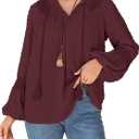 KI LAPHEE Long Sleeve Shirts for Women Boho Tops  Swiss Dot Blouse, Flowy Chiffon Lace Tunic (Large, Burgundy)