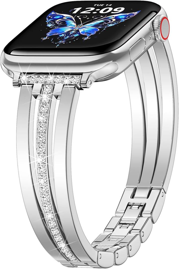 KOREDA Slim Gold Band Compatible for Apple Watch Band 38mm 40mm 41mm 42mm 44mm 45mm 46mm 49mm Series 11 10 9 8 7 SE Ultra Women, Thin Metal Dressy Jewelry Bracelet with Bling Diamond for iWatch Series 6/5/4/3/2/1
