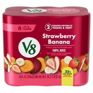 V8 Strawberry Banana 100% Fruit and Vegetable Juice, 8 fl oz Can (6 Pack) (EXP 09/04/26)