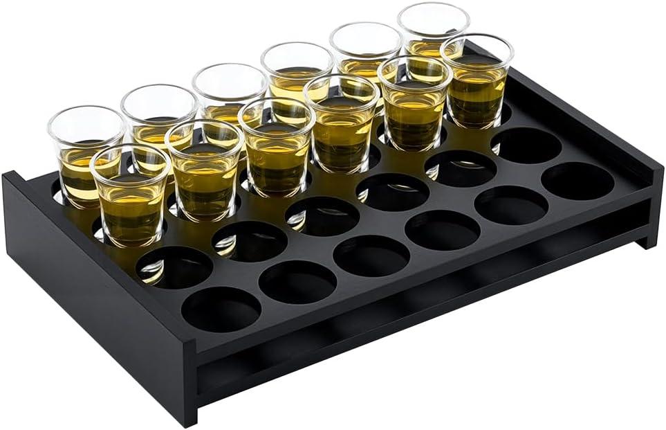 peacoblue Shot Glasses Holder Tray 24 Shot Glass with Tray for Whiskey, Tequila, Soju, Rustic Wooden Glasses Shot Tray Organizer Display Stand for Party, Bars & Home Entertaining(Not Include Wine Cup)