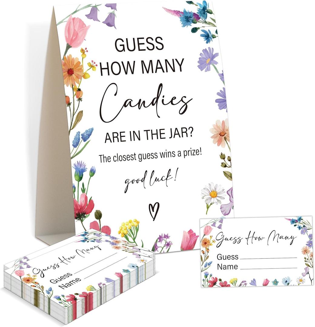 Baby Shower Games - Wildflower Guess How Many Candies Are in the Jar Game, 1 Sign and 50 Guessing Cards, Gender Reveal Game, Floral Baby Shower Decoration Supplies (KA01)