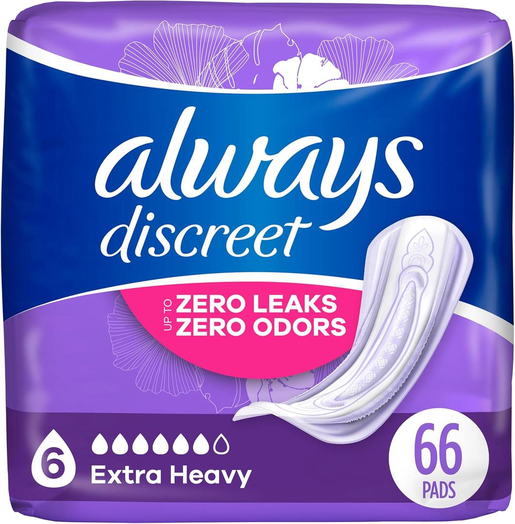 Always Discreet Adult Incontinence Pads for Women, Drier, 6 Drop Regular Length, Extra Heavy Absorbency, Pads for Bladder Control Management, Bladder Leaks, & Postpartum Pads, 66ct