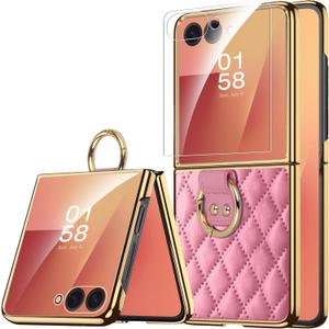 Miimall for Samsung Galaxy Z Flip 7 Dustproof Case, Ring & Screen Protector, Full Body Non Slip Hard Women Heavy Duty Shockproof Cute Slim Durable Bumper Case for Galaxy Z Flip 7 2025 Cover, Pink