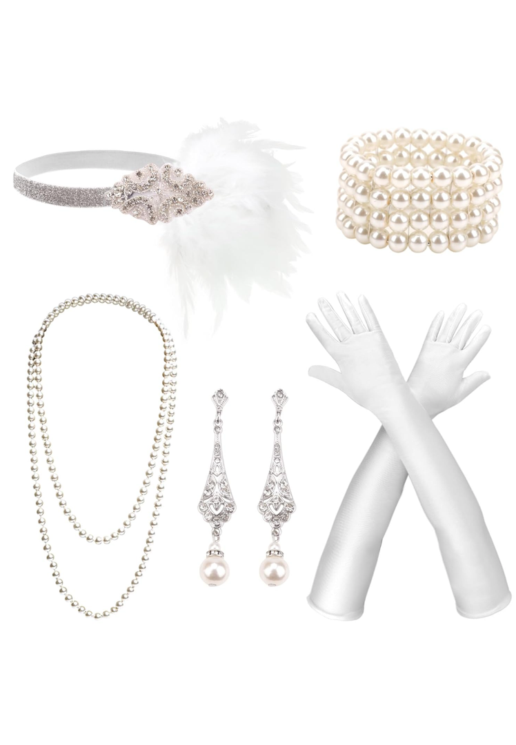 DRESHOW 1920s Great Gatsby Accessories Set for Women Flapper Costume Accessories Feather Headband Roaring 20s Accessories Set