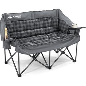 Double Camping Chairs Padded Loveseat Chair for 2 Person - Heavy Duty Oversized Camping Couch for Adults Outdoor Lawn Beach - Portable Folding Sofa with Cup Holders and Carry Bag, Grey