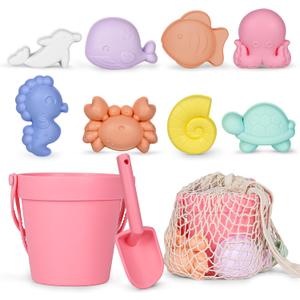 MarcZero 11Pcs Silicone Beach Toys for Toddlers, Bucket & Sand Toys, Pink | Kids Baby beach toys travel-friendly soft silicone set with shovel, 8 ocean molds and beach bag for beach or sandbox
