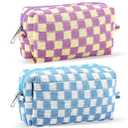 ZLFSRQ 2Pcs Checkered Makeup Bag for Women Medium Travel Cosmetic Bags Checkered Makeup Pouch for Purse Zipper Toiletry Bag Organizer Cute Y2K Aesthetic Trendy Adults Preppy Pencil Bags(Blue/Purple) (BN Checkered 2Pcs M Blue/Purple)
