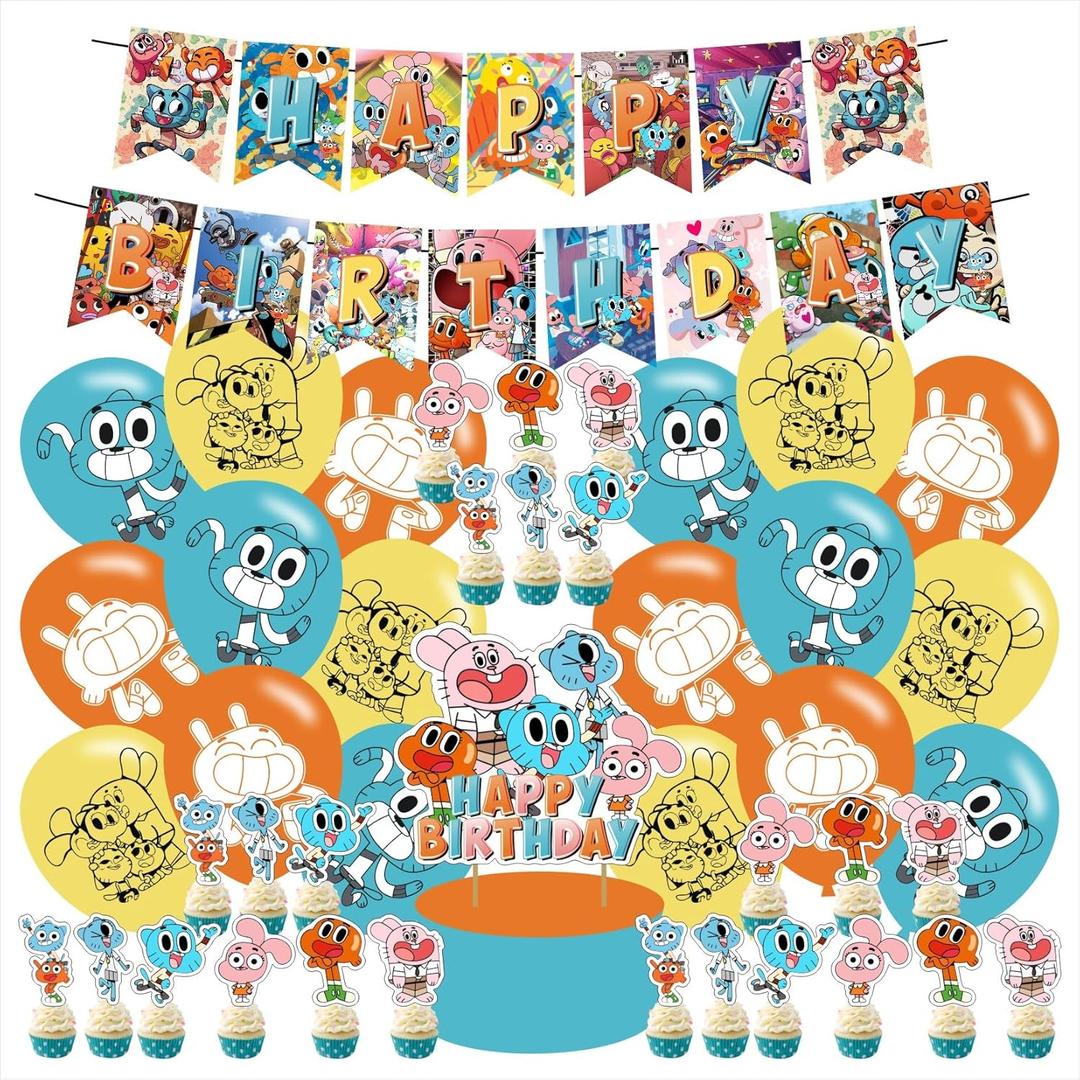 The Amazing World of Gumball Birthday Party Supplies Set Happy Birthday Banner, Cake Topper, Cupcake Toppers, Balloons for Gumball Kids Party Decorations