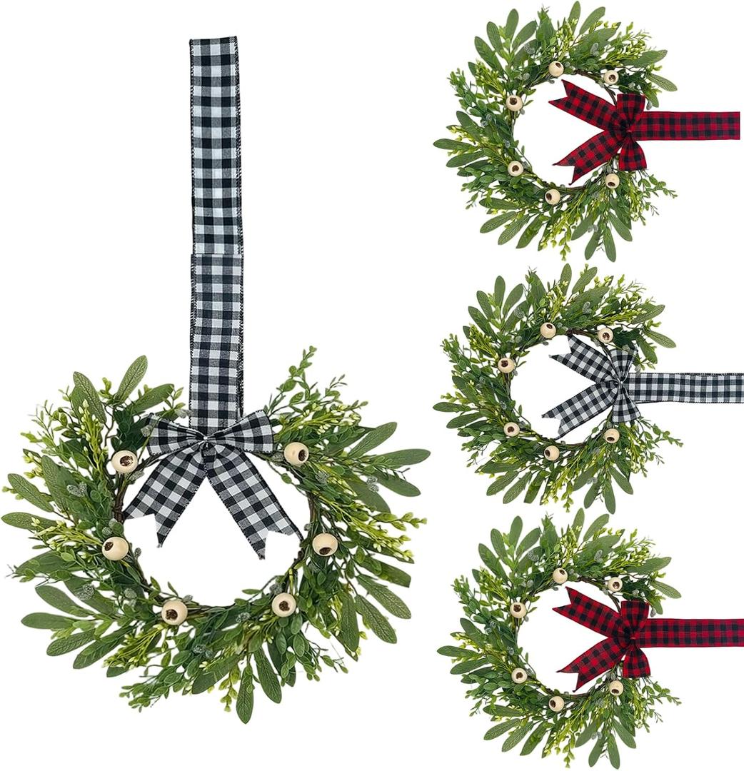 13.8 Inch Mini Wreath Set of 4, Interchangeable Red & White Buffalo Plaid Bows, Rustic Farmhouse Decor with Olive Leaves & White Berries for Staircase, Front Door, Porch