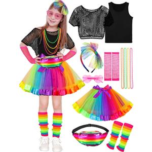 AOTHSO 14 Pieces Girls 80s Outfit Accessories Set Halloween Girls 80s Clothes Costume for Cosplay 1980s Party for Kids (Medium, Rainbow)