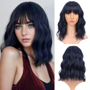 VCKOVCKO Short Bob Wigs Black mix Royal blue Wavy Wig With Air Bangs Women's Shoulder Length Curly Wavy Synthetic Cosplay Pastel Bob Wig for Girl (12", Black mix Royal blue)