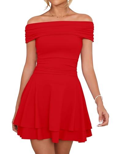 Kaximil Women's Off The Shoulder Mini Dress Ruffle Hem Ruched Corset Short Cocktail Party Dresses, Large, Red