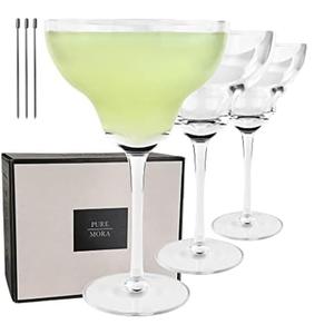PURE MORA Margarita Glasses Set of 3, 12 oz Modern Bar Glass for Martini, Frozen Daiquiri, Tropical Summer Parties - Classic Coupe Cocktail Drinkware, Great Gift for Mixologists, Hand Blown Crystal
