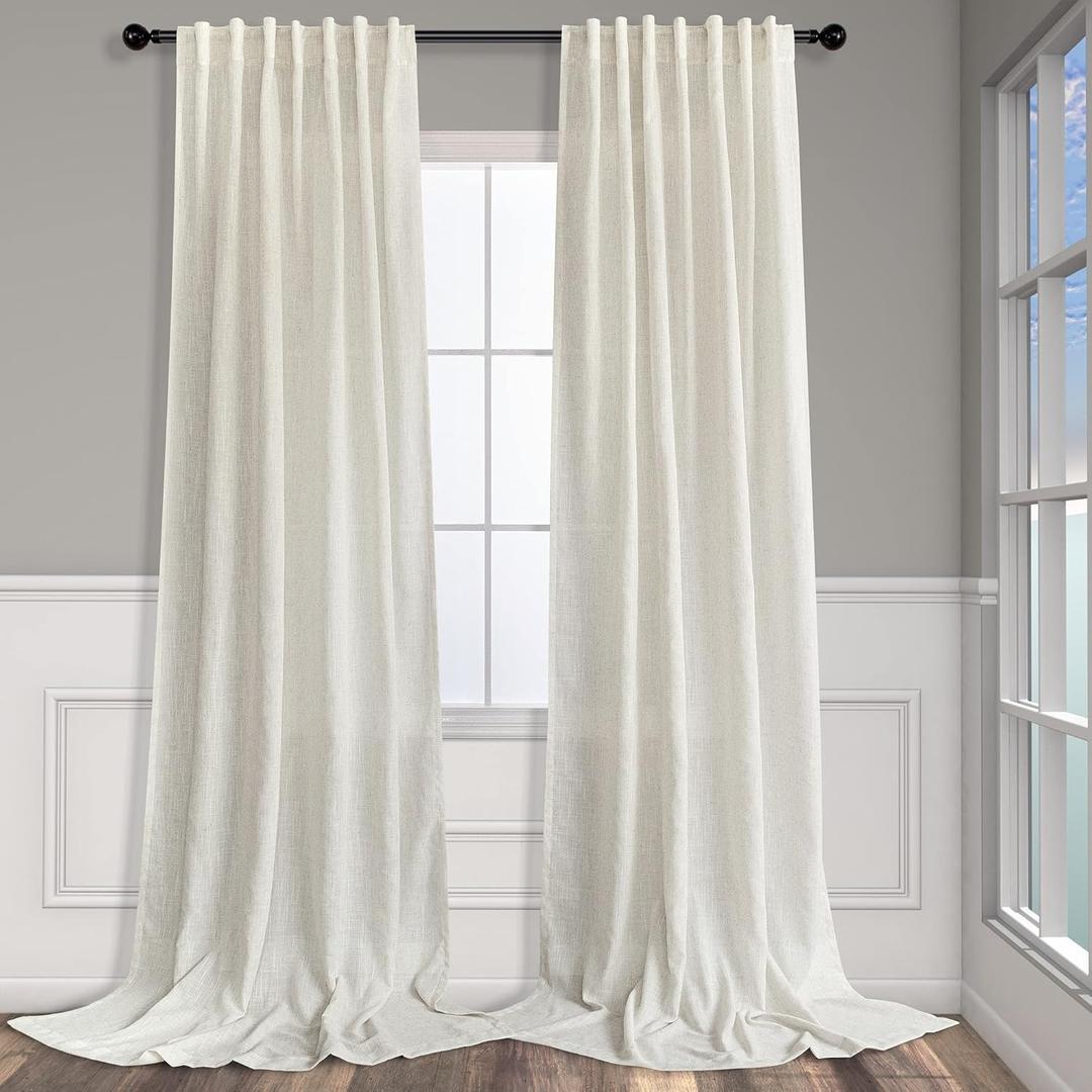 Pitalk 104 Inch Curtains Linen Sheer Drape for Living Room Custom Curtains 2 Panel Back Tab Pocket Pleated Modern Farmhouse Light Filtering Ceiling to Floor for Large Window 52 x 104 Long Ivory Cream (Natural)