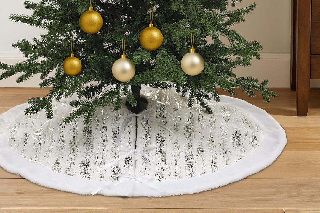Simgoing 36 Inch Silver White Christmas Tree Skirt, Faux Fur Plush Trim & Silver Metallic Brushed Foil Print, Soft Thick Christmas Decorations Tree Base Mat for Holiday Xmas Home Party Decor