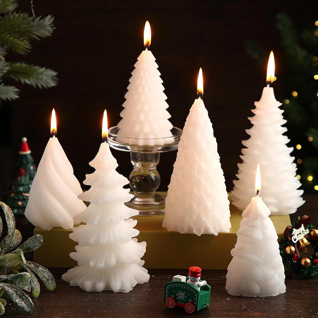 MTLEE 6 Pieces Christmas Tree Candles Large White Winter Christmas Cone Pinecone Wax Scented Tealight Candles Home Decor Handmade Gift for Xmas Party Bedroom Bathroom