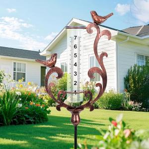 Rain Gauge Outdoor, Cast Iron Bird Rain Gauge - 7" Capacity Plastic Rain Gauge Freeze Proof with Metal Stake Decorative for Garden Yard Patio & Lawn with Large Readable Numbers (Bronze)