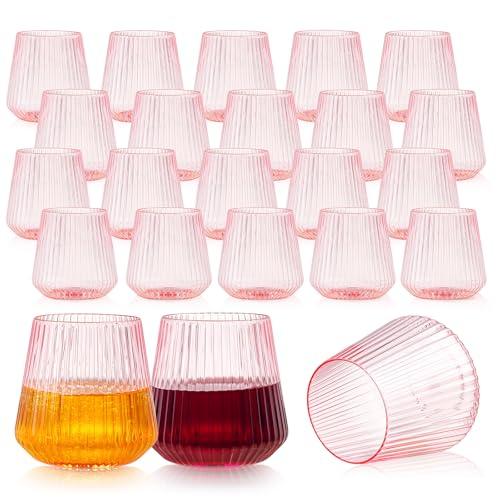 24 Pack Pink Plastic Wine Cups, 14oz Disposable Stemless Ribbed Wine Glasses, Cute Clear Unbreakable Outdoor Cocktail Glasses, Heavy Duty Plastic Drinking Cup for Galentine Wedding Party Mimosa Bar