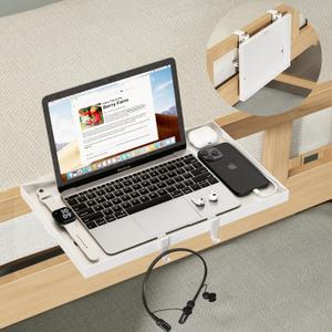 Foldable Bedside Shelf, Metal Clip-On Bunk Bed Table Shelf for Top Bunk Heavy Duty Bed Side Table Tray for College Dorm Room Essentials, Loft Nightstand Organizer Tray with 3 Cord Hole(White) (14.76" x 9.68" x 0.79")