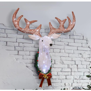 Lighted Christmas Wall Decor Reindeer Head, 28" Pre-Lit 3D Rudolph Hanging Wreath with Battery Operated, 8 Modes & Timer, Light Up for Front Door Window Indoor Outdoor Festive Xmas Holiday