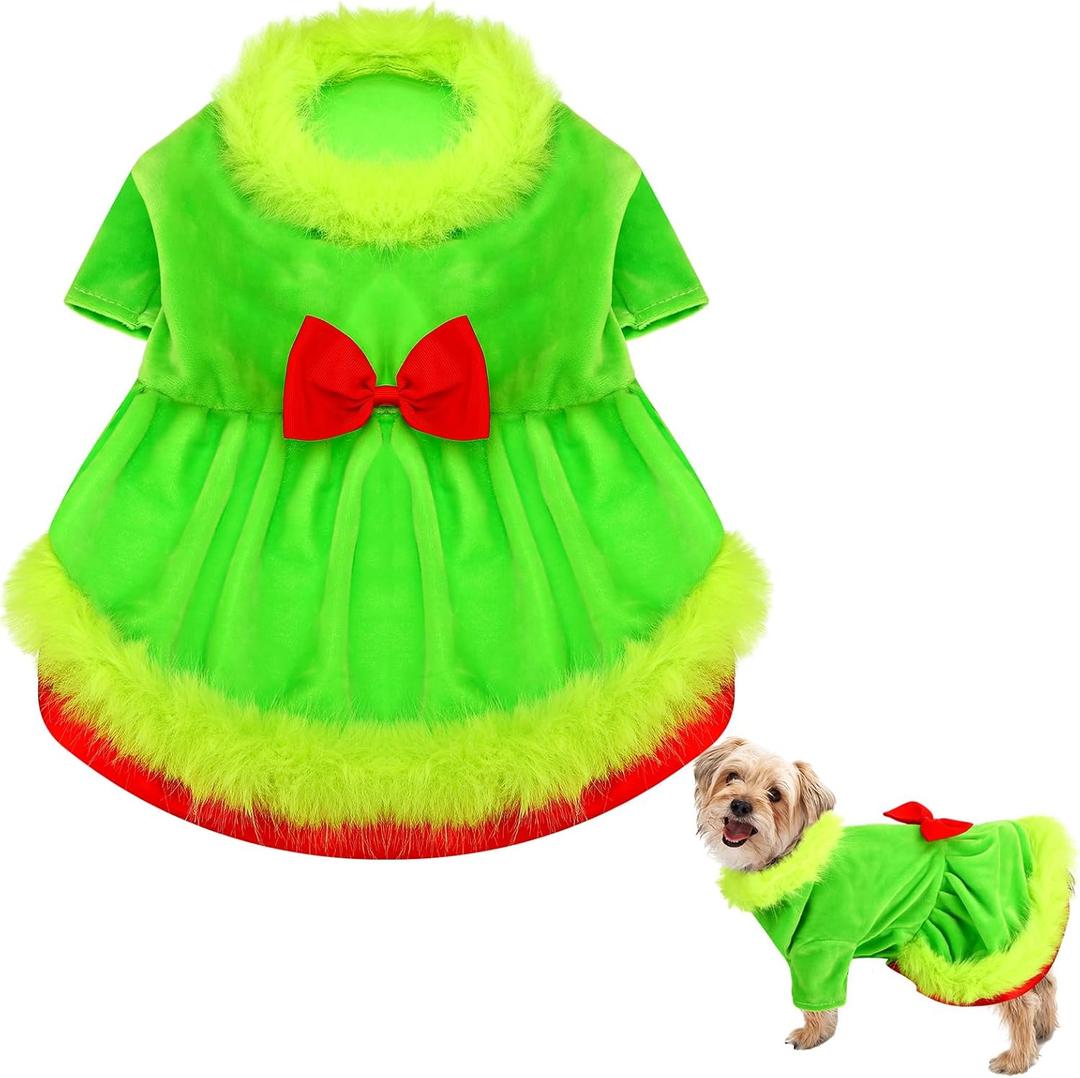Christmas Dog Costume Red Green Dog Outfit Lime Green Pet Outfit Velvet Furry Pet Costume Cosplay Christmas Dogs and Cats Clothes for Holiday Party Favors(Small) (Small Neck:18.5'' Chest:18.1")