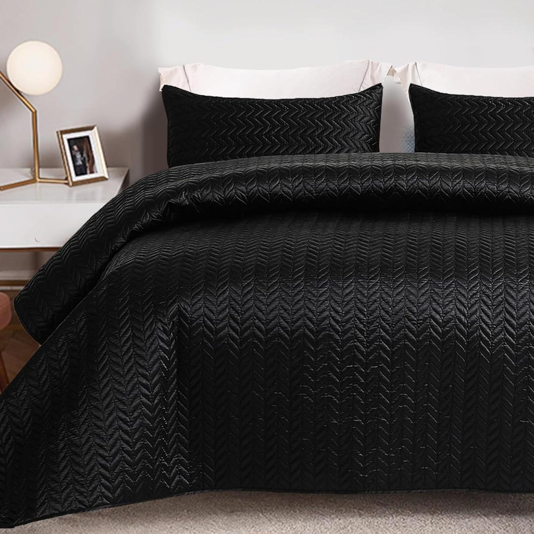 Whale Flotilla Silky Soft Satin Quilts Queen Size, Luxury Reversible Lightweight Bedspreads Covelets for All Seasons, Leaf Stitched Pattern Bedding Set with Satin Pillowcases, Black (Full/Queen(94"x88"))