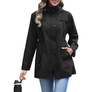 RUMIA Raincoat Women Waterproof Long Hooded Trench Coats Lined Windbreaker Jackets for Women 2026, L