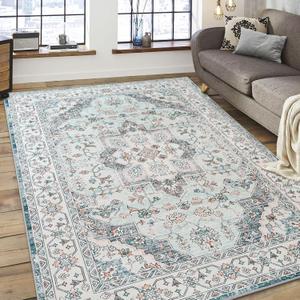 FlyDOIT Vintage Area Rugs for Living Room, 5x8 Blue Floral Medallion Washable Rug for Bedroom, Faux Wool Ultra Soft Retro Accent Rug, Non Slip Indoor Carpet for Kitchen Office Dining Room Decor